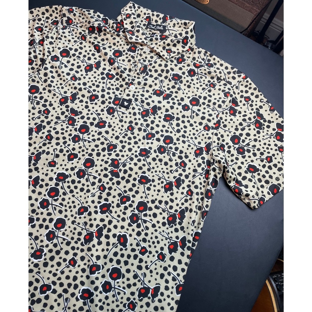 Bad Birdie Polo Shirt Mens Large Tan Floral Leopard Print Golf Tee
